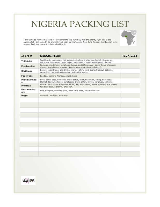 Nigeria packing list