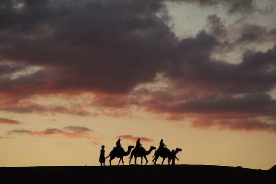 Three camels holding three women embark on a sunset ride across the desert, Morocco.